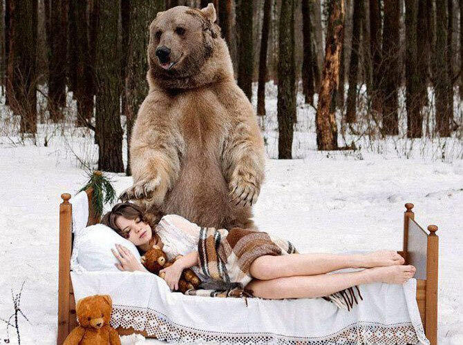 Сказочная фотосессия медведя Степана с русскими моделями