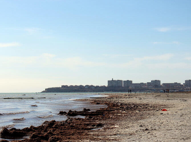 В Актау пляж у моря зарастает тиной, которую питает городской сток. Фото: Максат Акмуратов