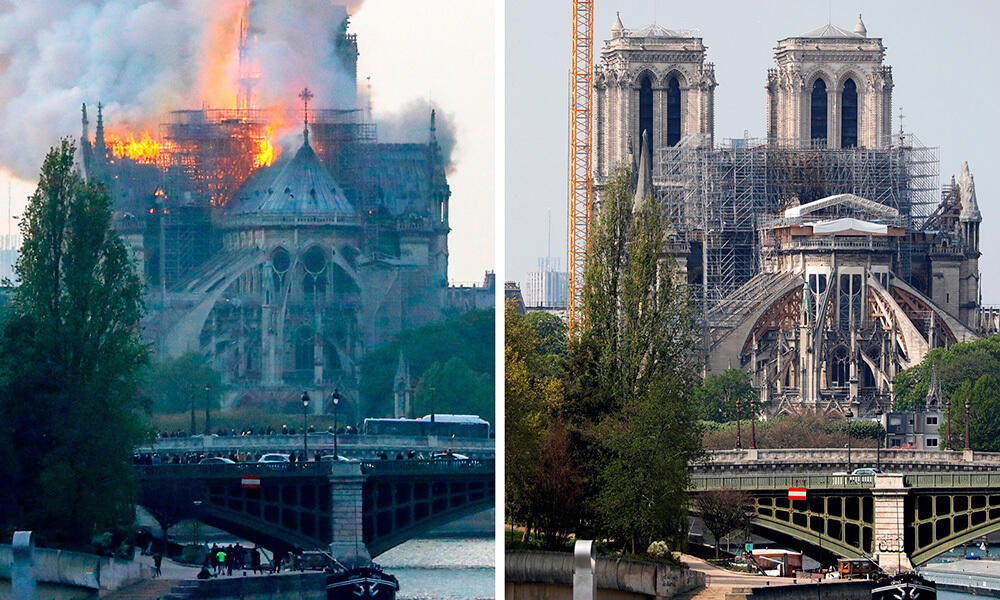 Как выглядит Нотр-Дам спустя год после пожара. Вид на Собор Парижской Богоматери, 15 апреля 2019 года и 15 апреля 2020 года. Фото: www.gazeta.ru
