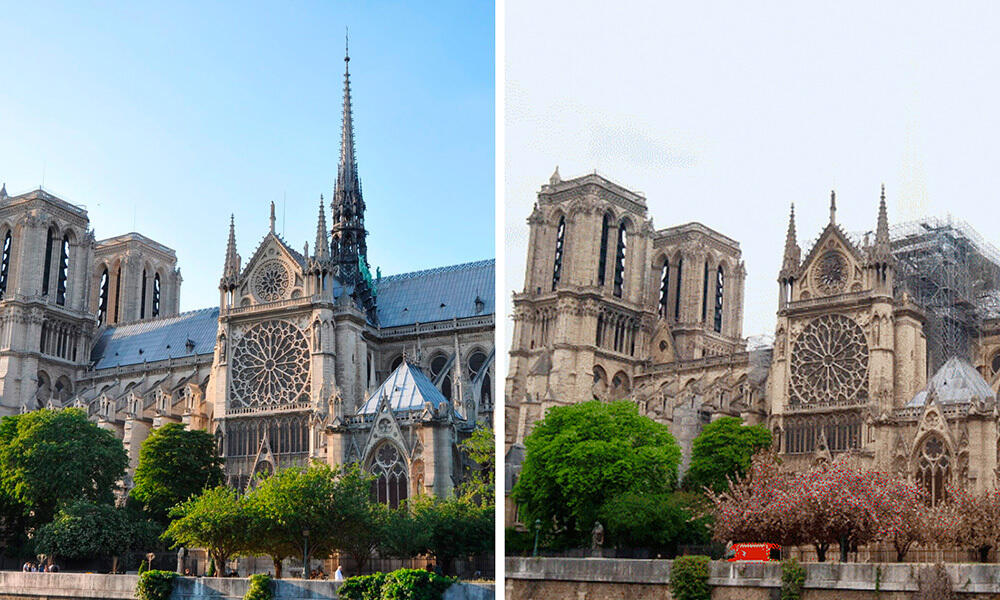 Как выглядит Нотр-Дам спустя год после пожара. Вид на Собор Парижской Богоматери весной 2019 года (слева) и весной 2020 года (справа). Фото: www.gazeta.ru
