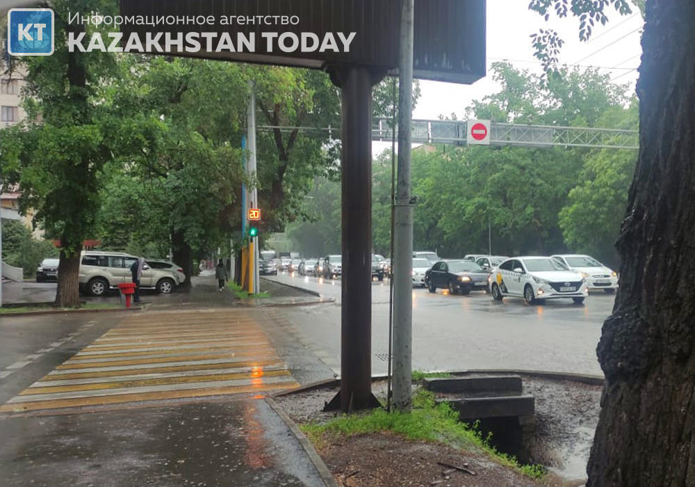 A heavy downpour flooded the streets of Almaty