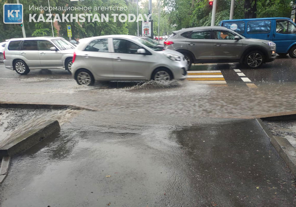 A heavy downpour flooded the streets of Almaty