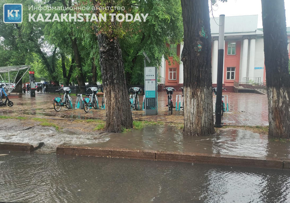 A heavy downpour flooded the streets of Almaty