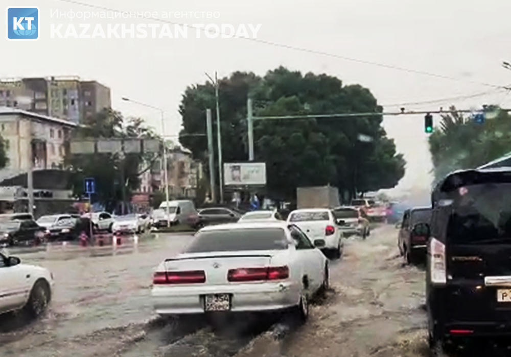 A heavy downpour flooded the streets of Almaty