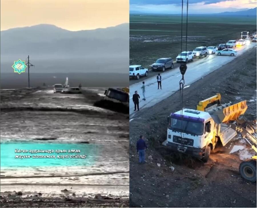 Алматы облысында қатты жаңбыр салдарынан ағын судан жүк көлігі жол жиегіне шығып кеткен