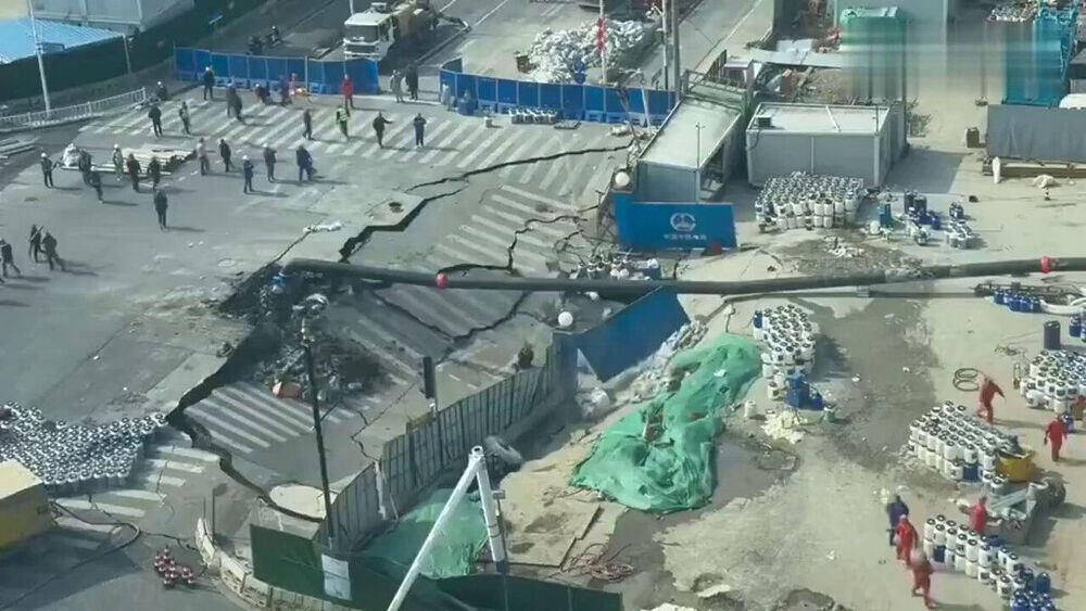Section of road collapsed during subway construction in Shanghai
